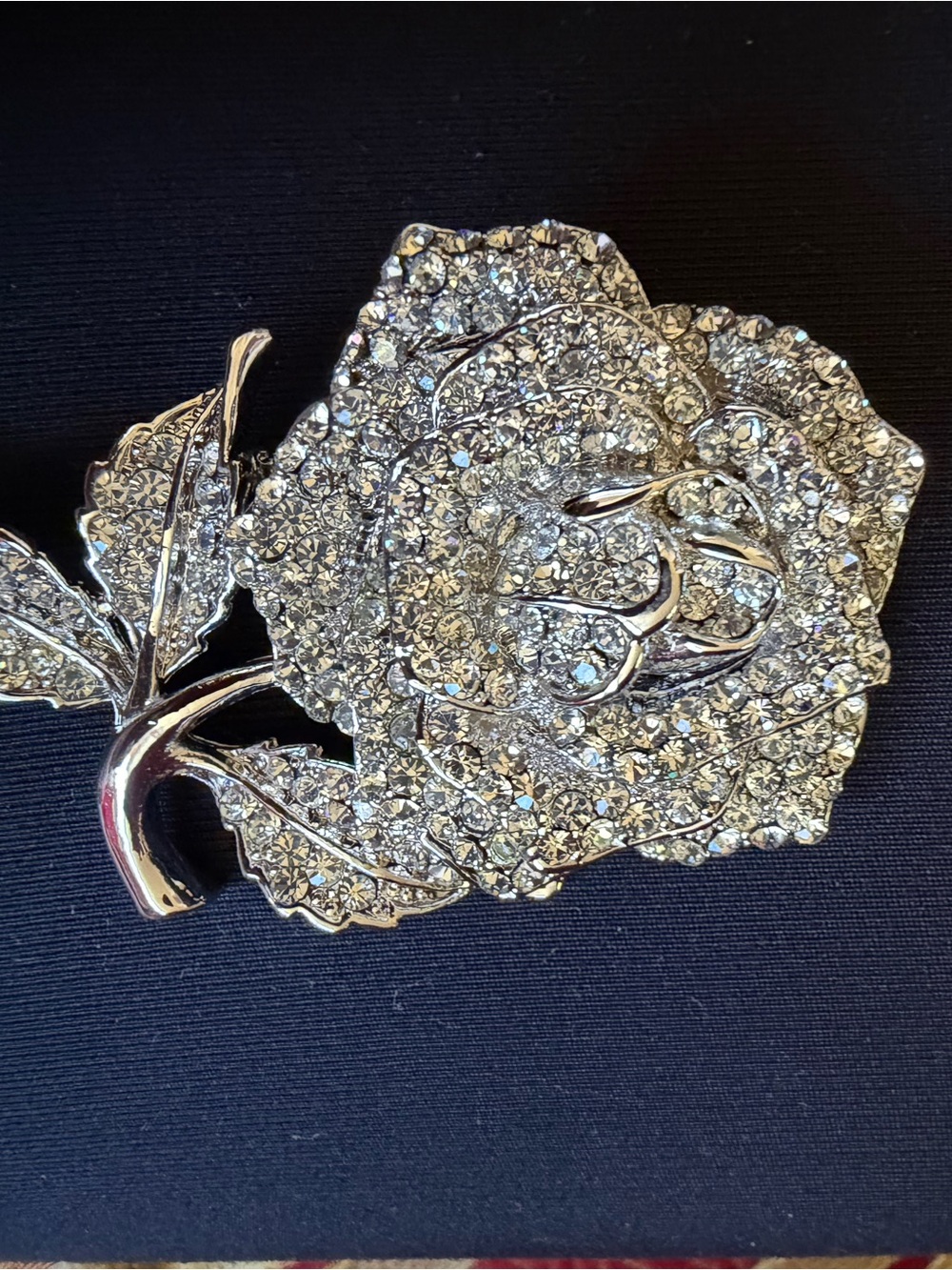 Crystal Rose Brooch Pin - Silver Tone Sparkling Floral Accent
